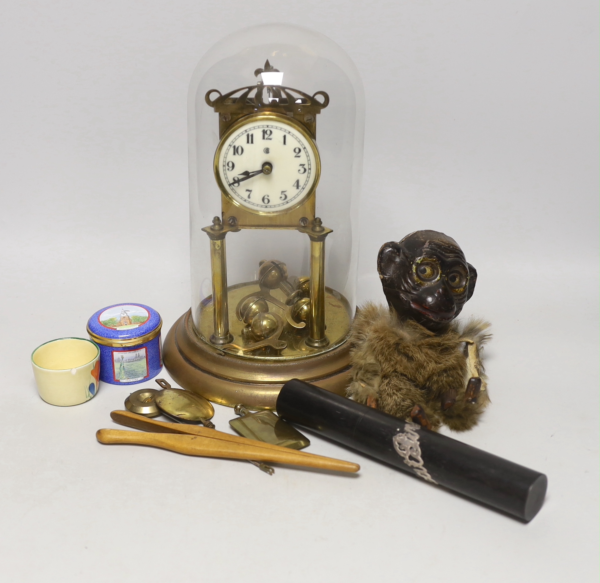 Sundry items including domed clock, limited edition enamel box, Clarice Cliff Crocus pattern pot and silver mounted hat pin cylinder, the largest 29cm high